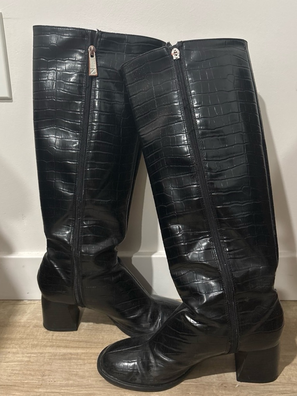 Black Croc-Embossed Knee-High Block Heel Boots